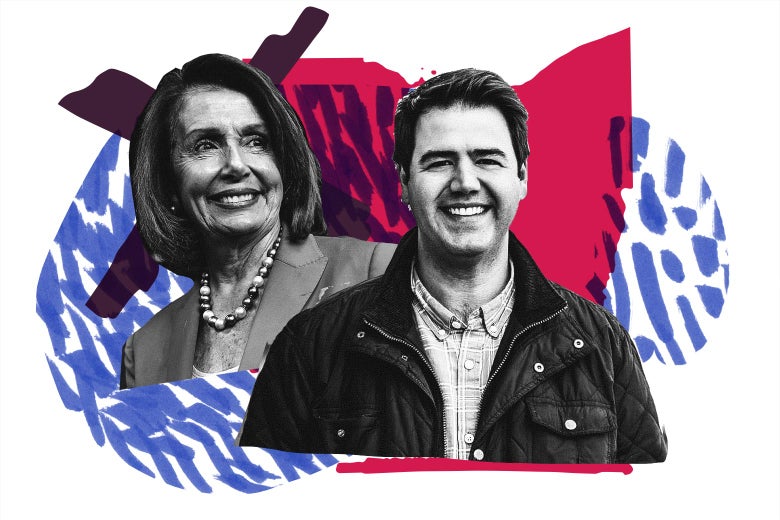 Photo illustration: House Minority Leader Nancy Pelosi and Danny O'Connor with the "Hot Seats" art.